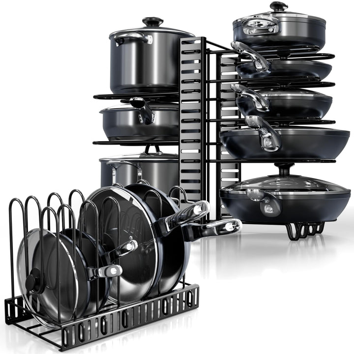 8-tier adjustable pot and pan organizer rack with various pots, pans, and lids arranged on it, installed under a cabinet.