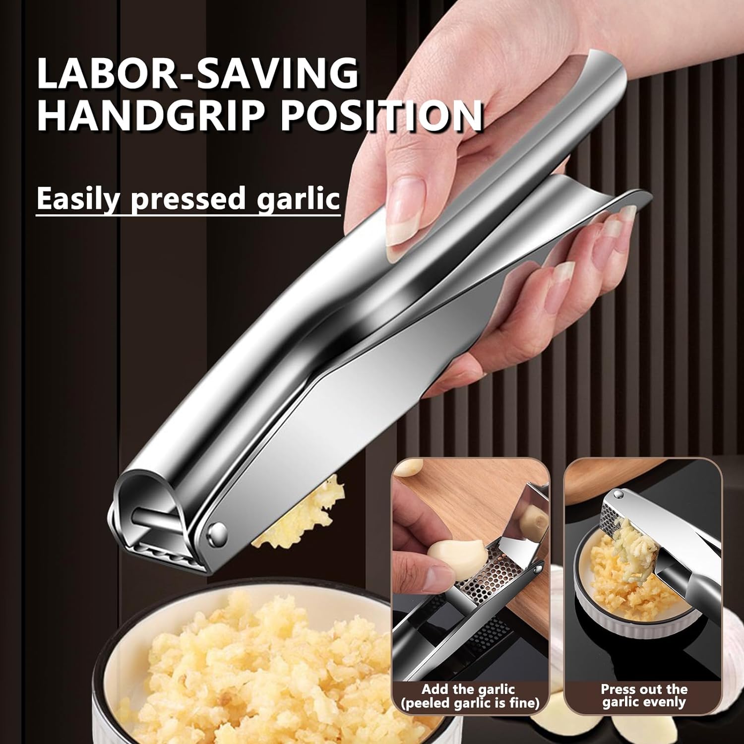 Heavy Duty Stainless Steel Garlic Press with Peeler & Scraper