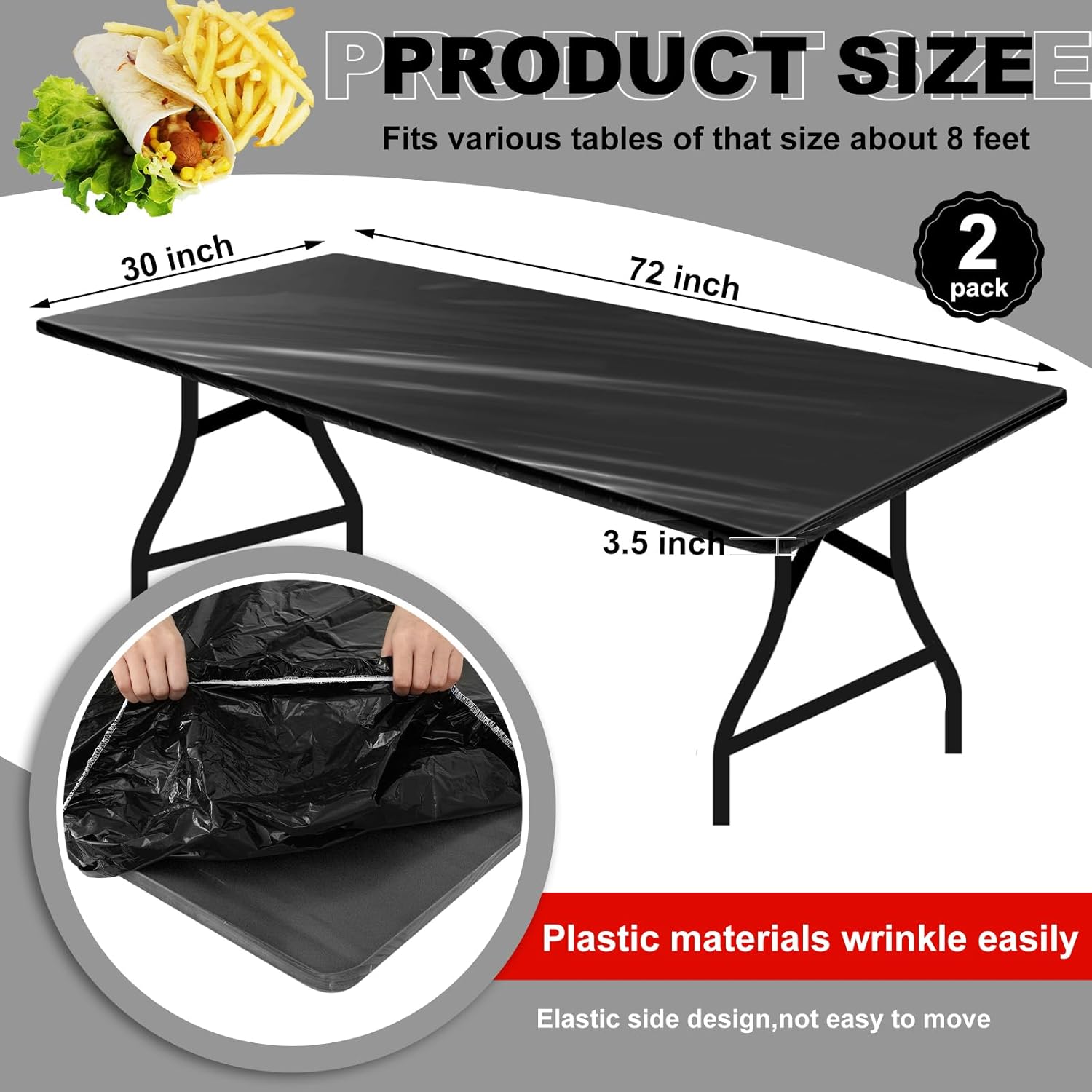 2 Pcs Plastic Elastic Fitted Tablecloths 72x30” – Waterproof Black