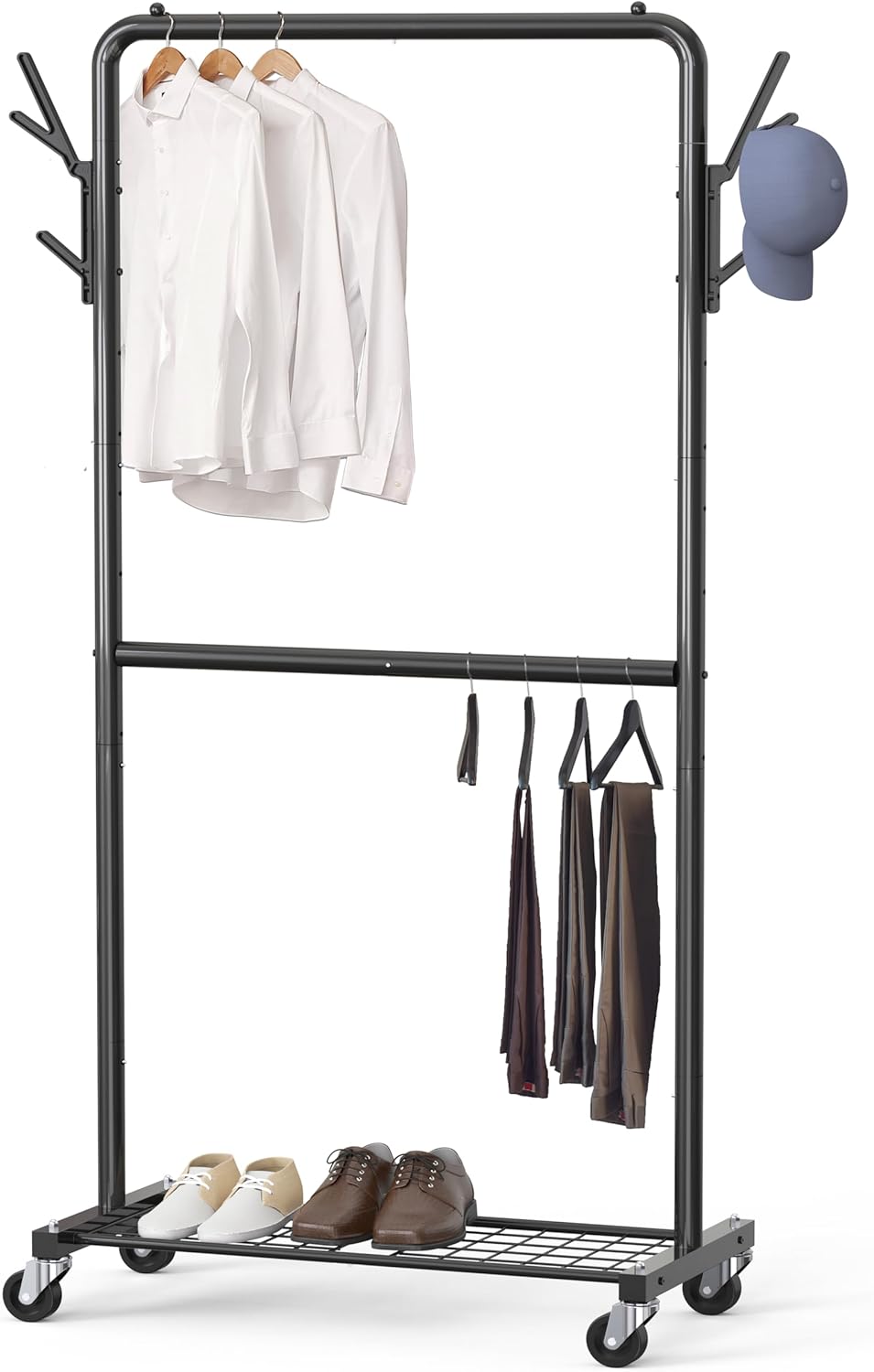 Double Rod Garment Rack with Wheels, Hooks Bottom Shelves
