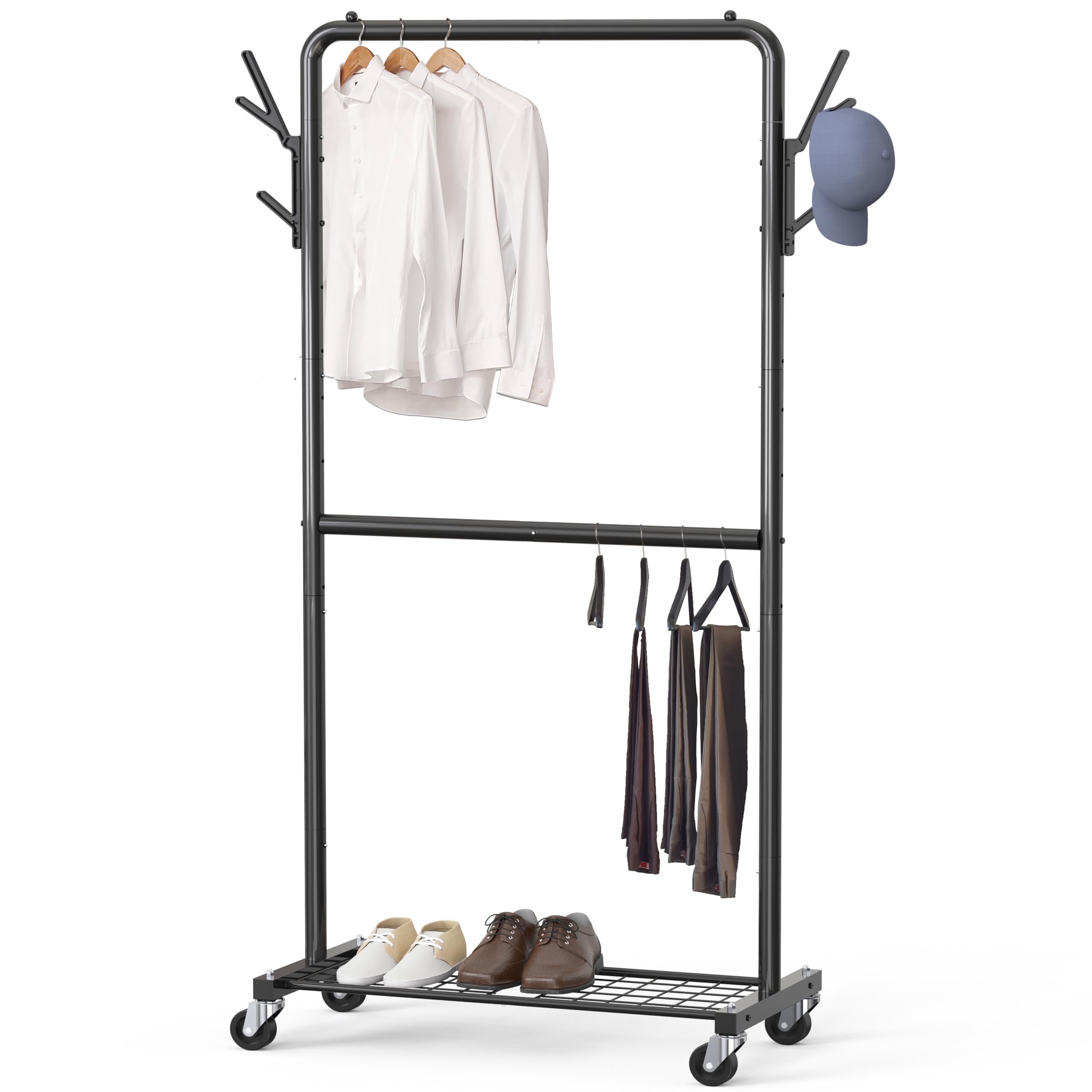 Double Rod Garment Rack with Wheels, Hooks Bottom Shelves