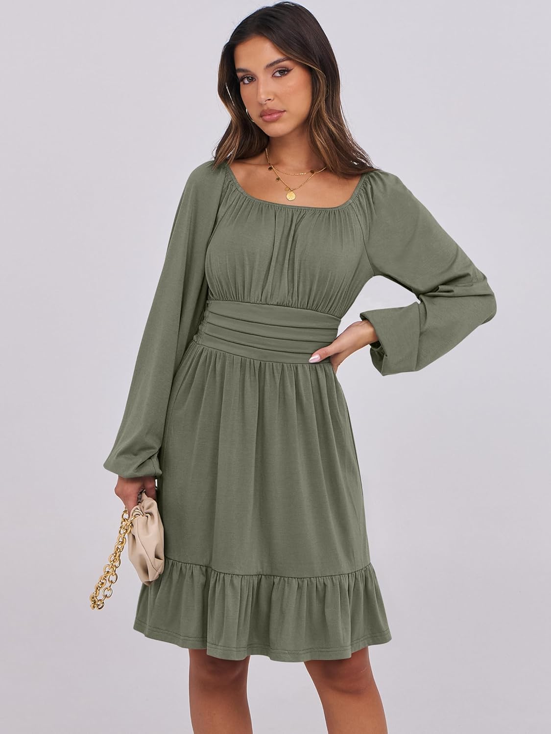 Women's Ruffle effortlessly chic  A-Line Dress – Long Lantern Sleeves, Square Neck