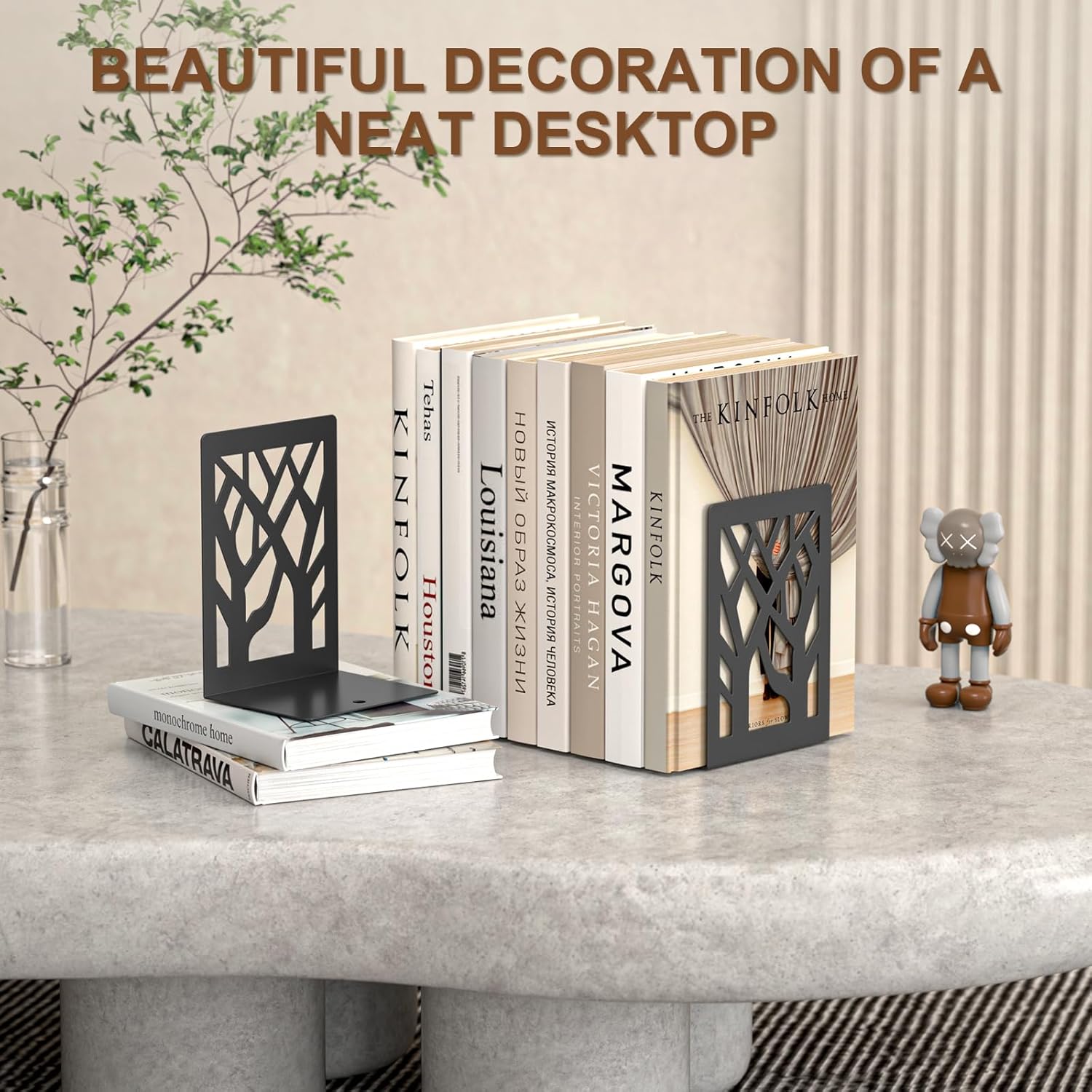 Black Metal Tree Bookends – 4 Pcs Decorative Non-Slip Organizer