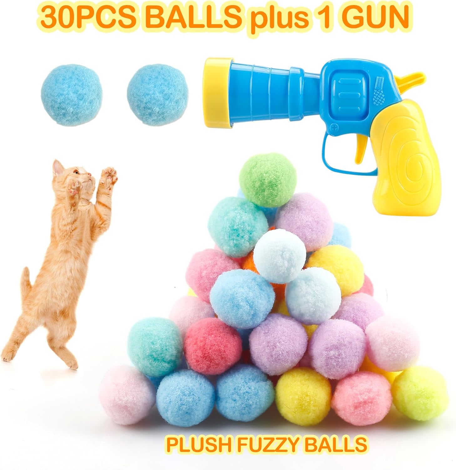 31Pcs Cat Ball Toy Launcher – 30 Plush Fuzzy Balls with Toy Gun