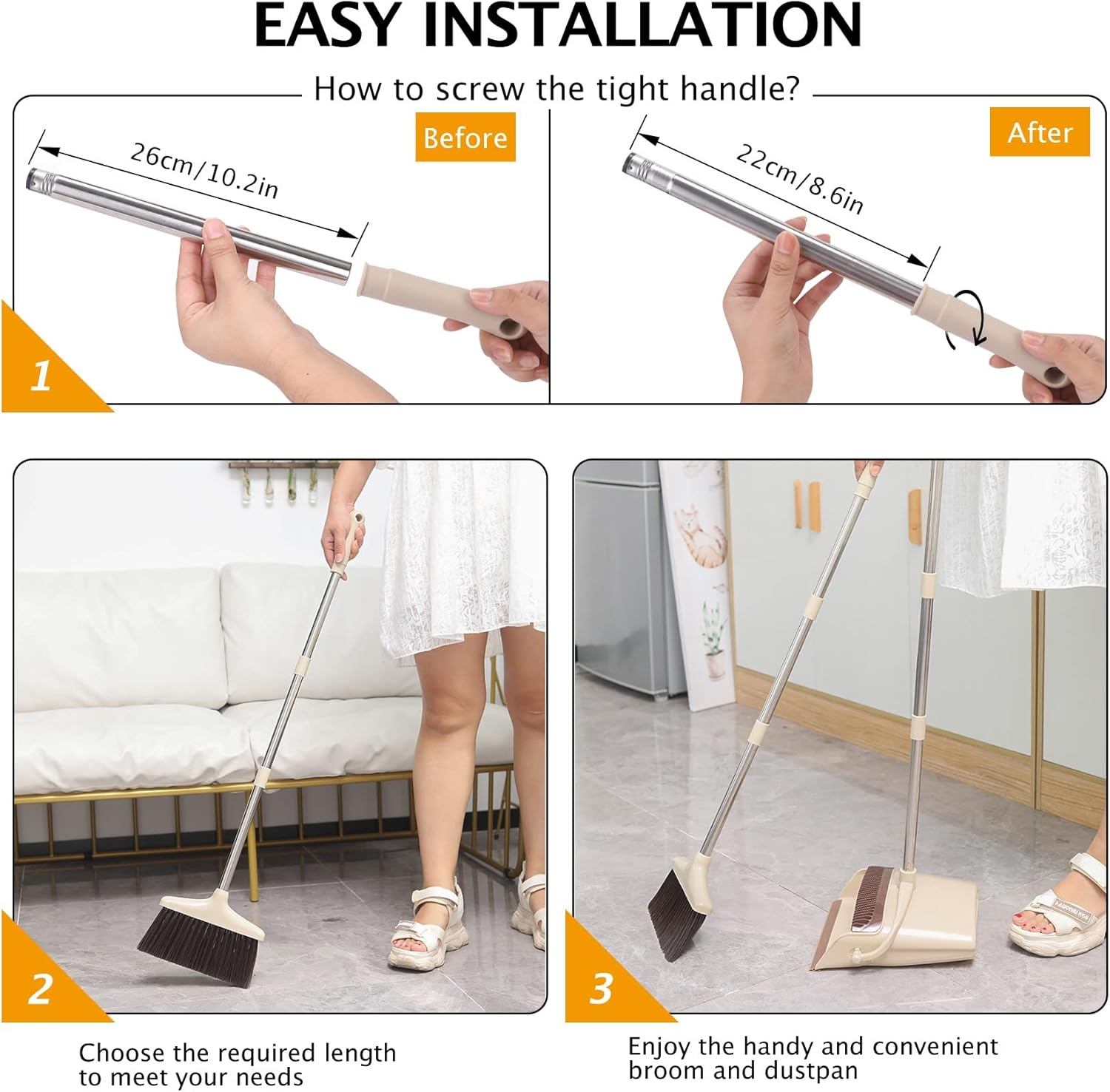 Broom and Dustpan Set with Long Handle – Lightweight Stainless Steel Poles