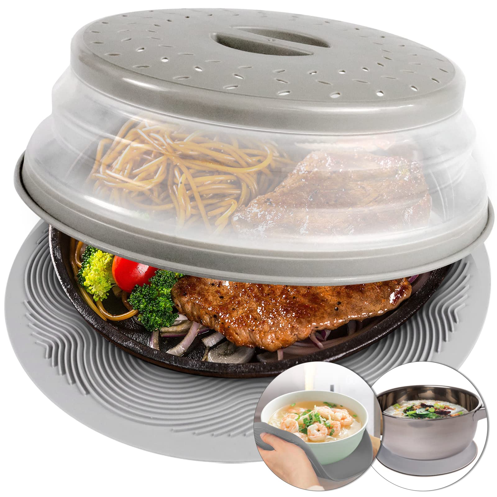 2-in-1 Aidacom Microwave Place Mat & Food Cover – Silicone Trivet, Bowl Holder, Splatter Guard, Pot