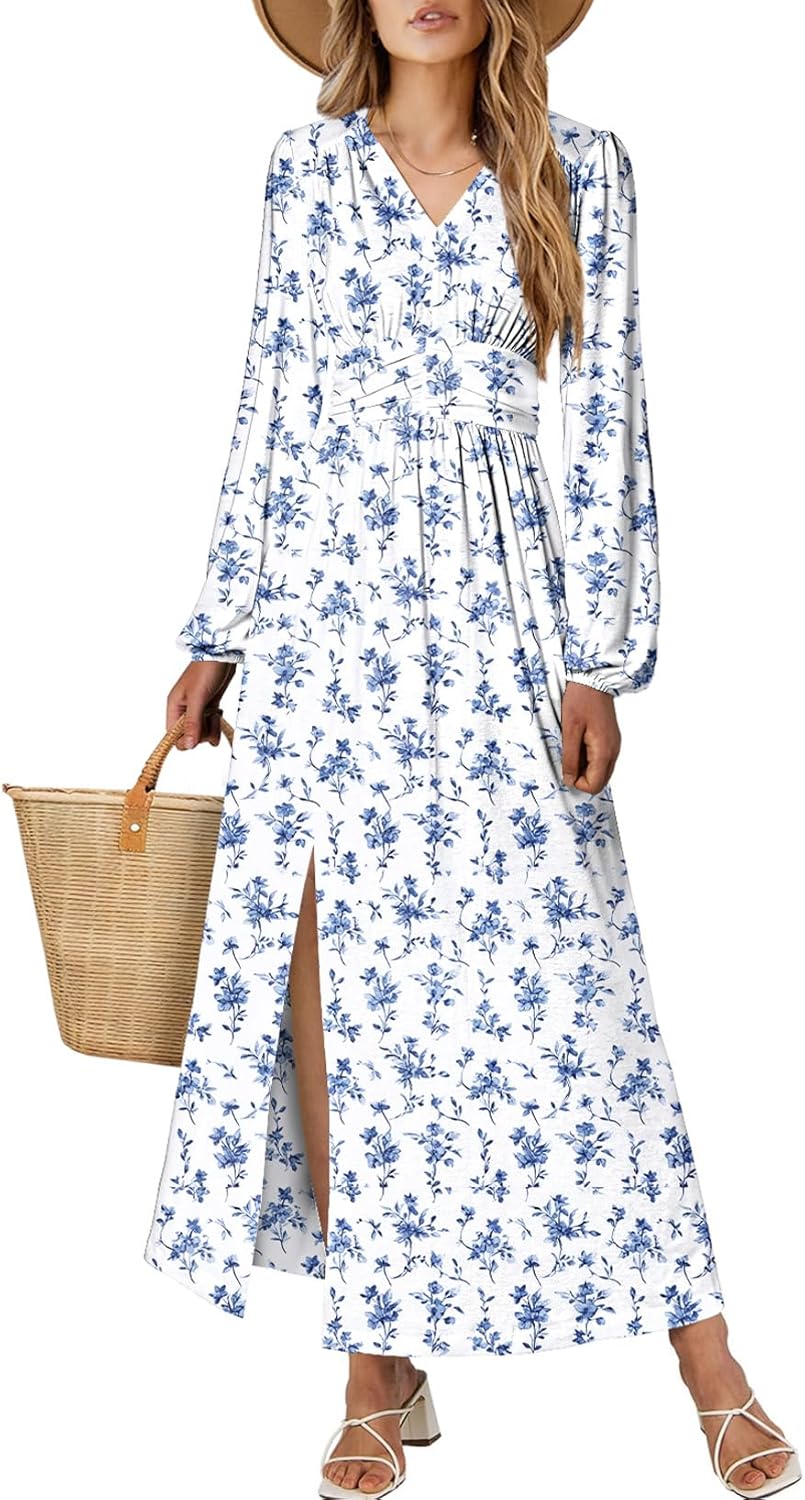 Women’s Floral V-Neck Maxi Dress – Long Sleeve Ruched High Waist