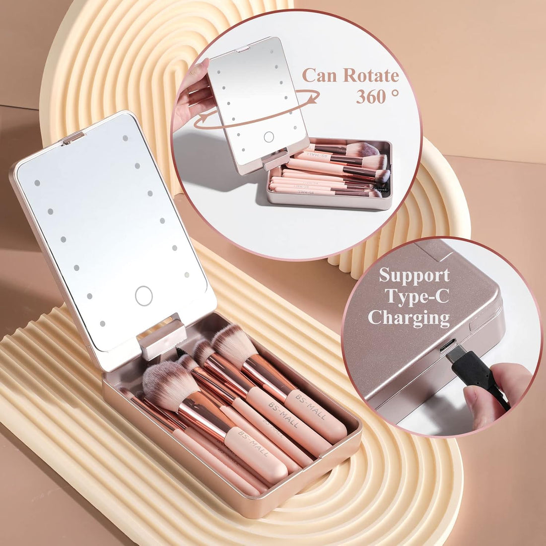 14-Pc Mini Makeup Brush Set with LED Light Mirror – Portable Travel Makeup Kit