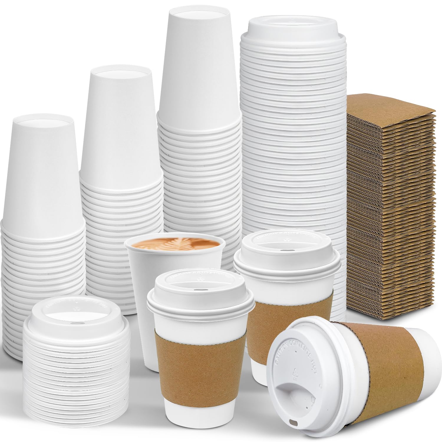100 Pack 12 oz Leak-Proof Disposable Coffee Cups with Lids & Sleeves