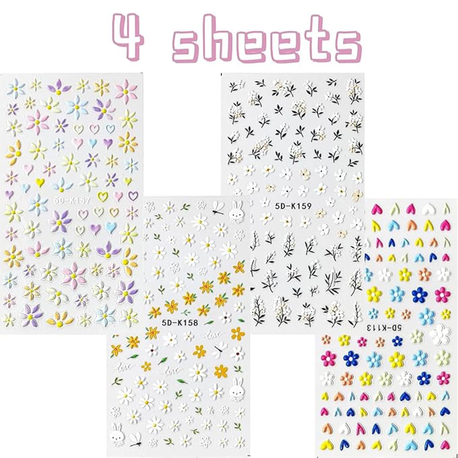 Flower Nail Art Stickers Decals – 5D Embossed Spring & Summer Daisy Nail Design, Self-Adhesive 3D Flower Nail Stickers