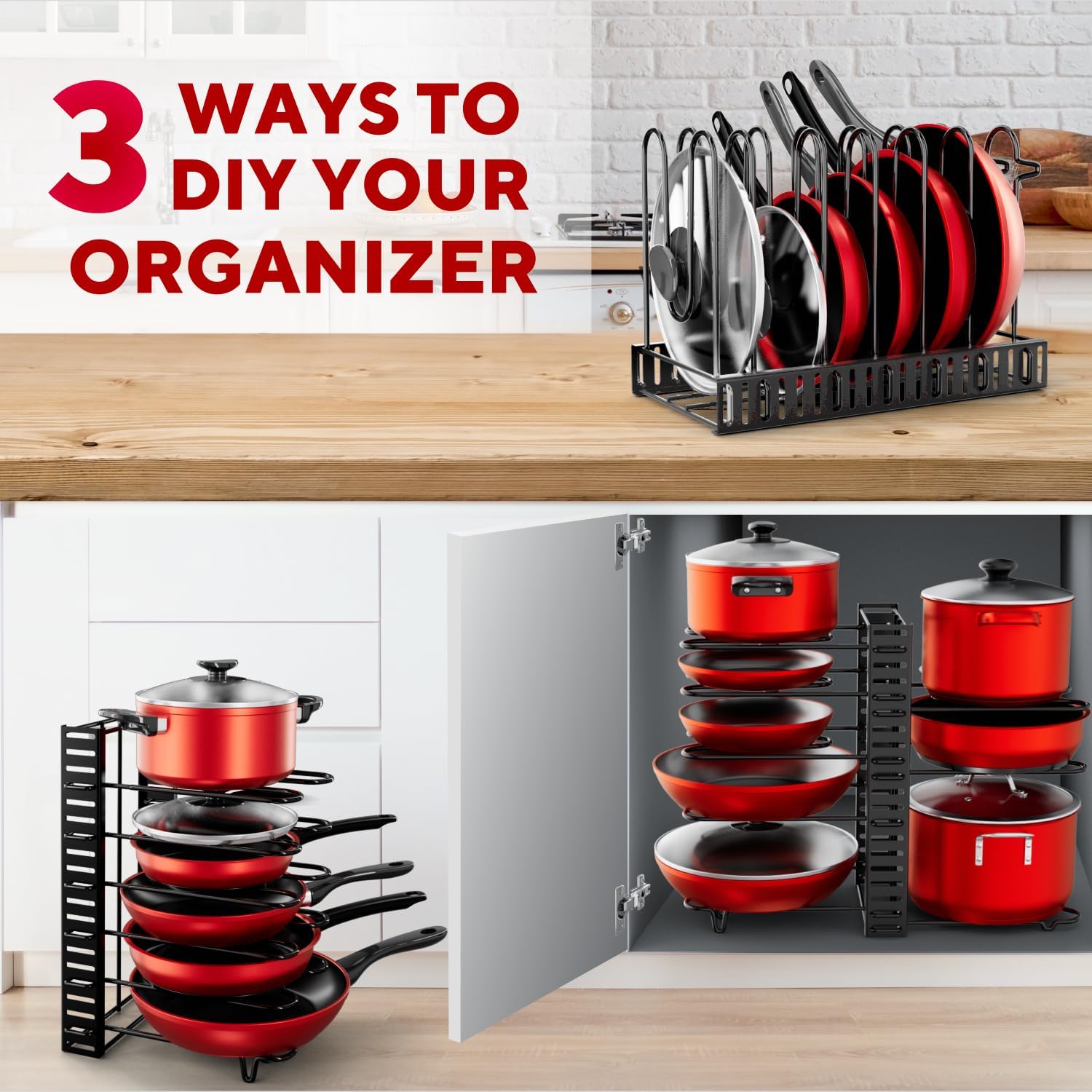 Pots and Pans Organizer Under Cabinet – 8-Tier Adjustable Rack