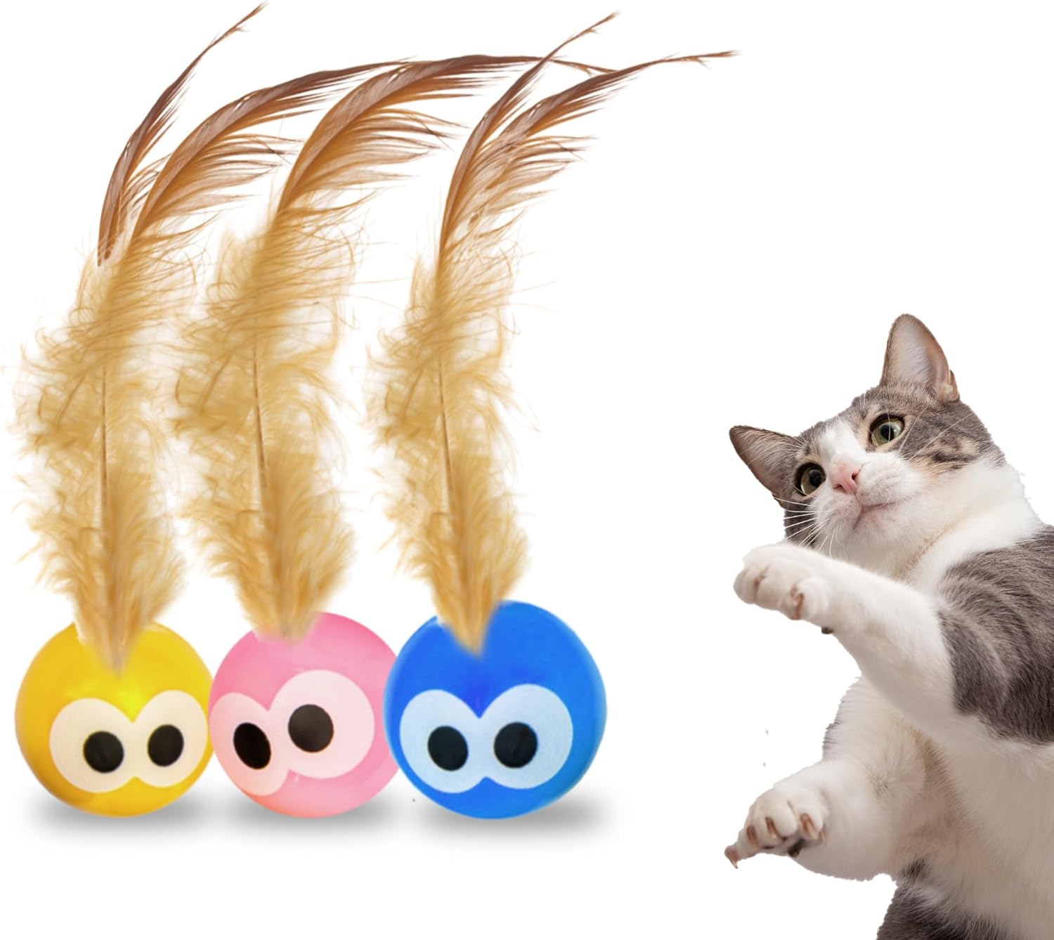 3 Pack Interactive Bouncy Ball with Natural Feathers for Indoor Cats