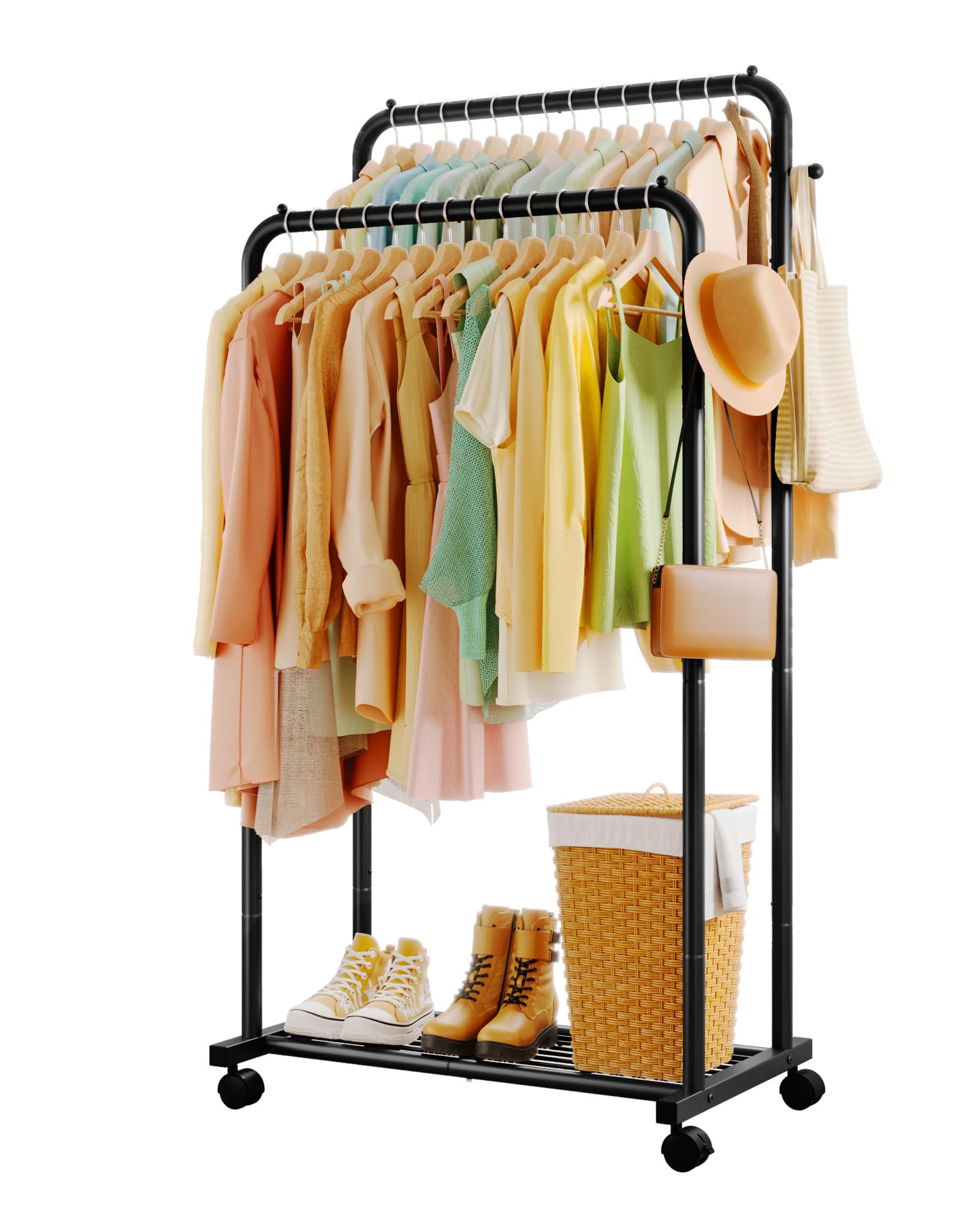 Double Rod Clothing Rack with Mesh Shelf, Hooks &amp; Lockable Wheels