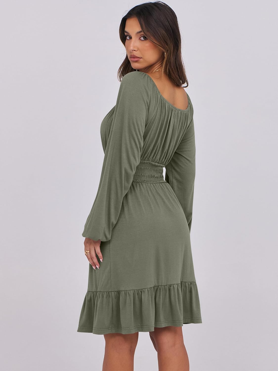 Women's Ruffle effortlessly chic  A-Line Dress – Long Lantern Sleeves, Square Neck