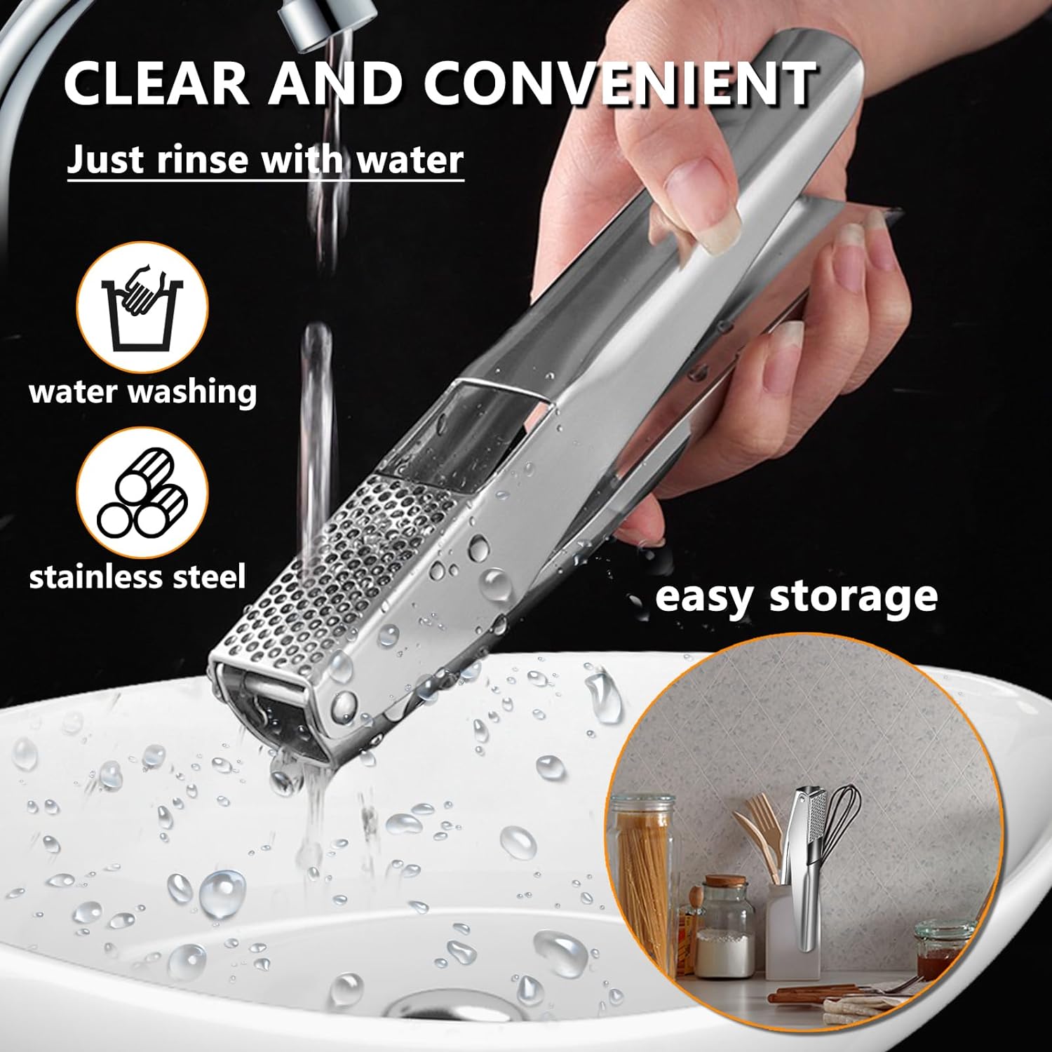 Heavy Duty Stainless Steel Garlic Press with Peeler & Scraper