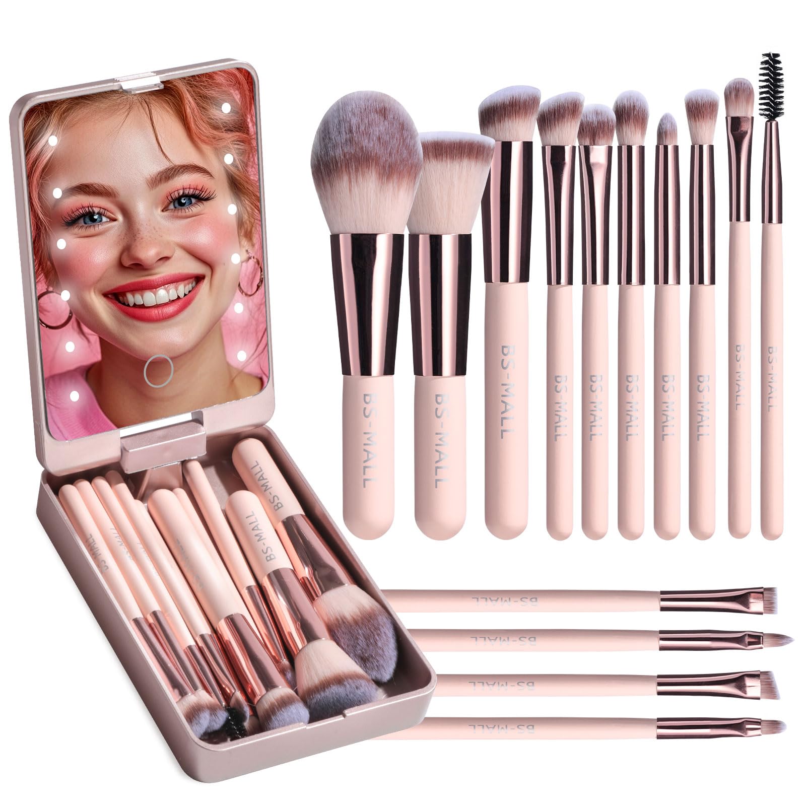 14-Pc Mini Makeup Brush Set with LED Light Mirror – Portable Travel Makeup Kit