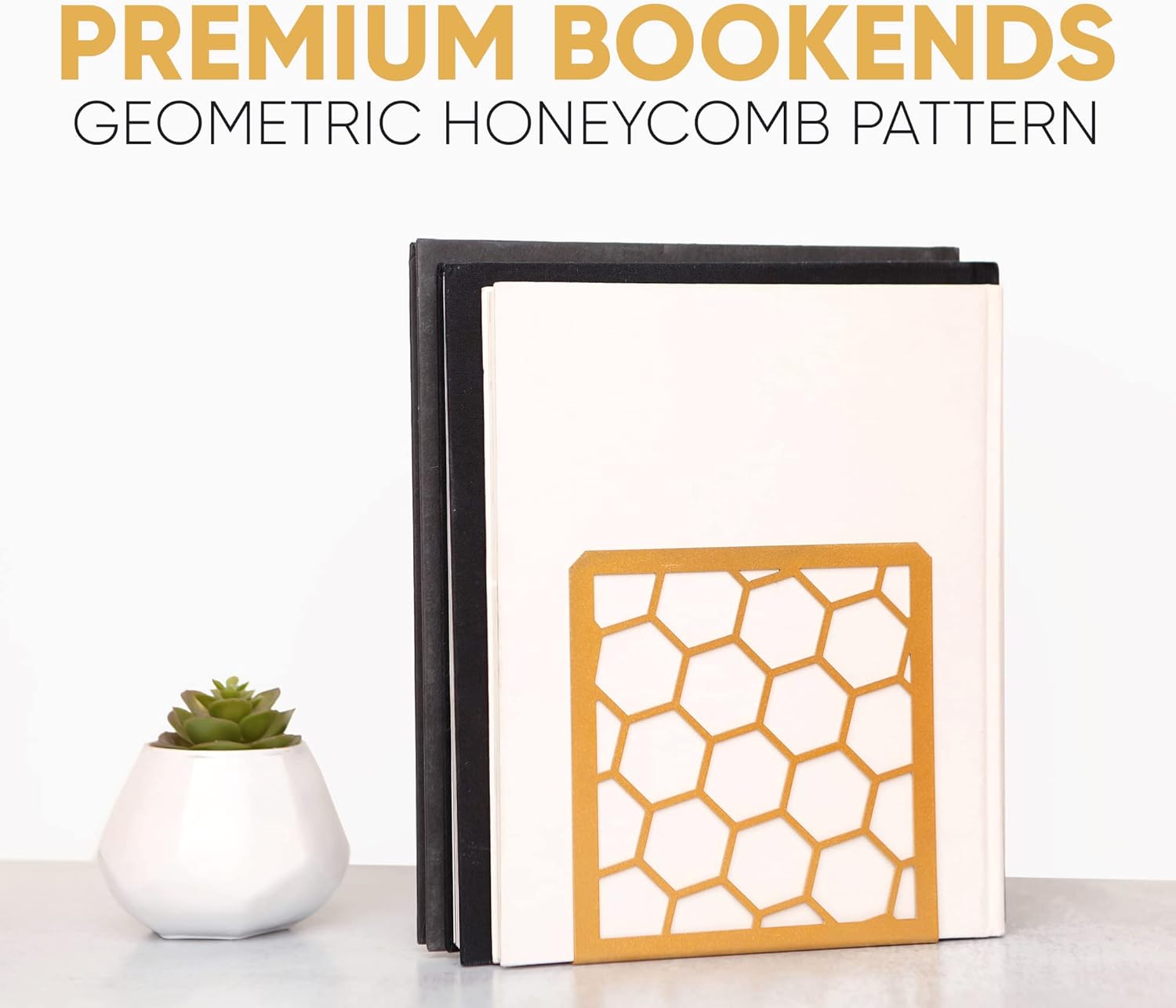 Gold Honeycomb Metal Bookends – Modern Heavy-Duty Shelf Stoppers