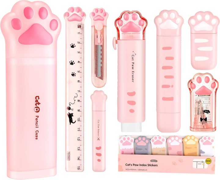 Kawaii Pink Cat Claw Stationery Set – Cute School Supplies with Storage Box