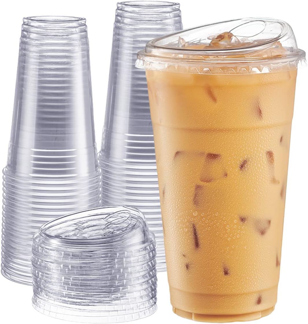 24 oz Clear Plastic Cups with Strawless Sip Lids – 100 Pack Disposable
