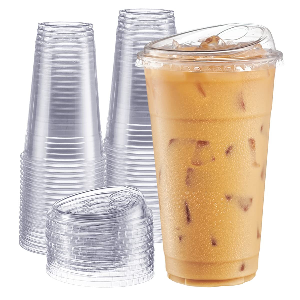 24 oz Clear Plastic Cups with Strawless Sip Lids – 100 Pack Disposable