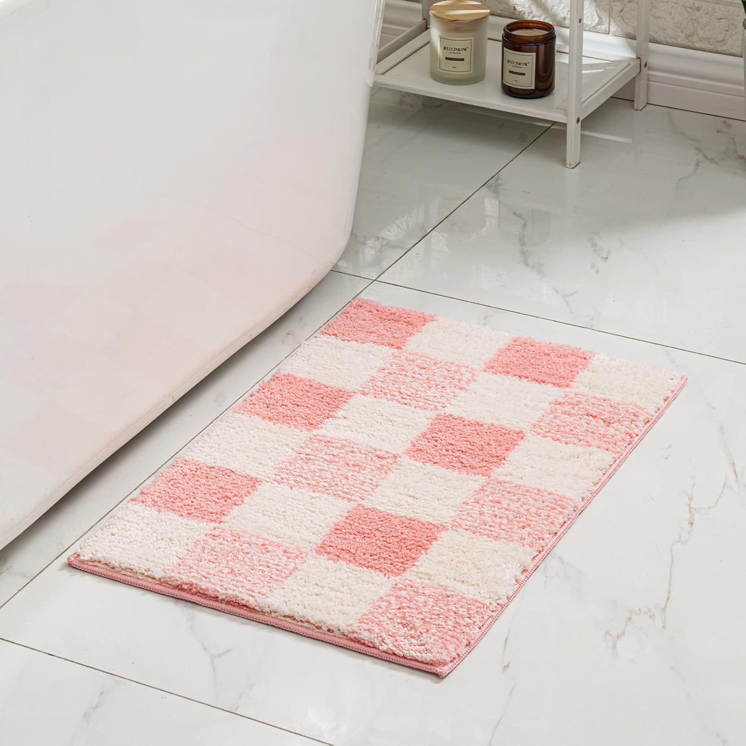 Checkered Bath Mat – Non-Slip Fluffy Microfiber Bathroom Rug – Absorbent, Washable Aesthetic Bath Mat for Shower & Sink – Blossom Pink, 24" x 16"