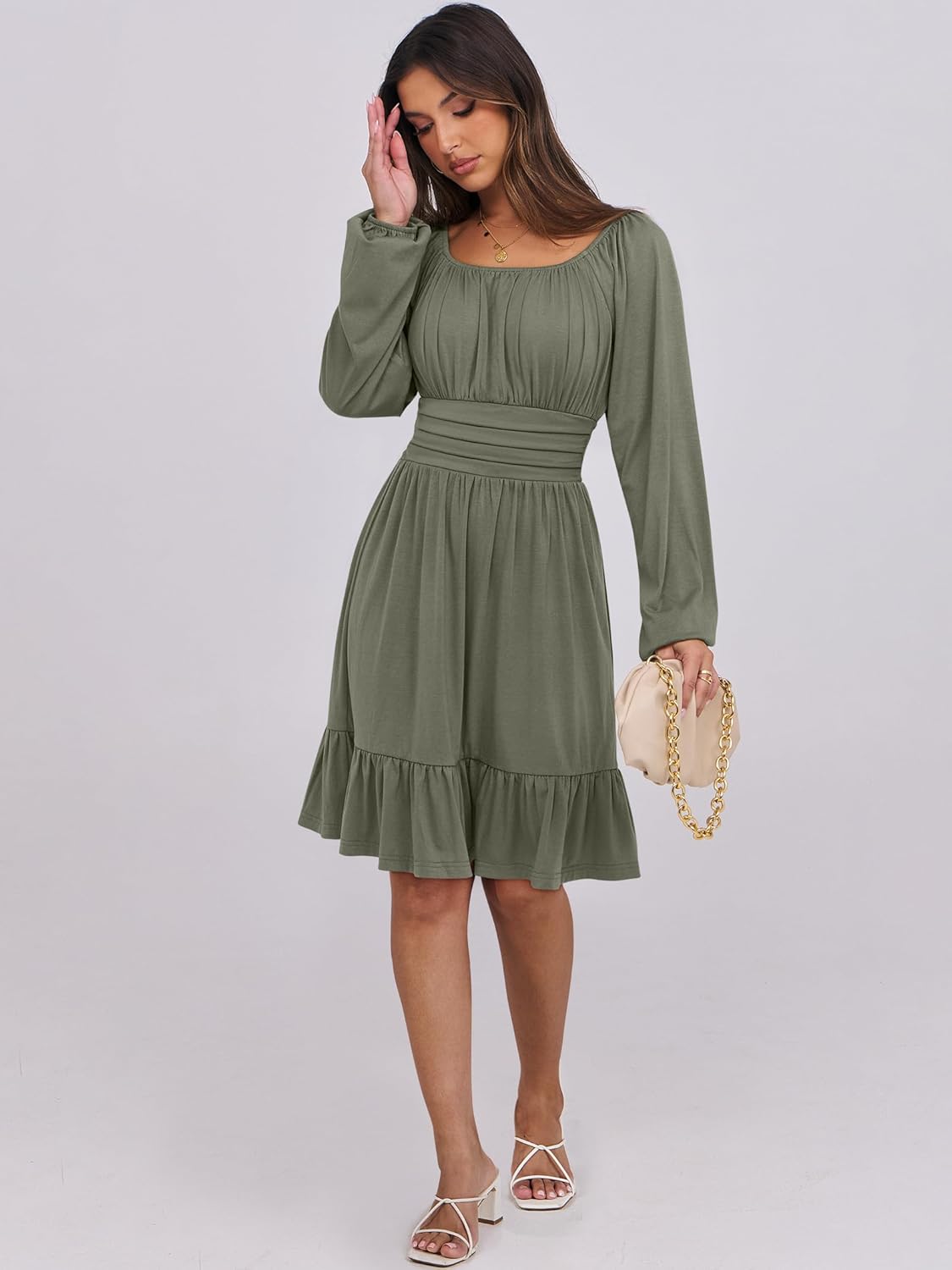 Women's Ruffle effortlessly chic  A-Line Dress – Long Lantern Sleeves, Square Neck