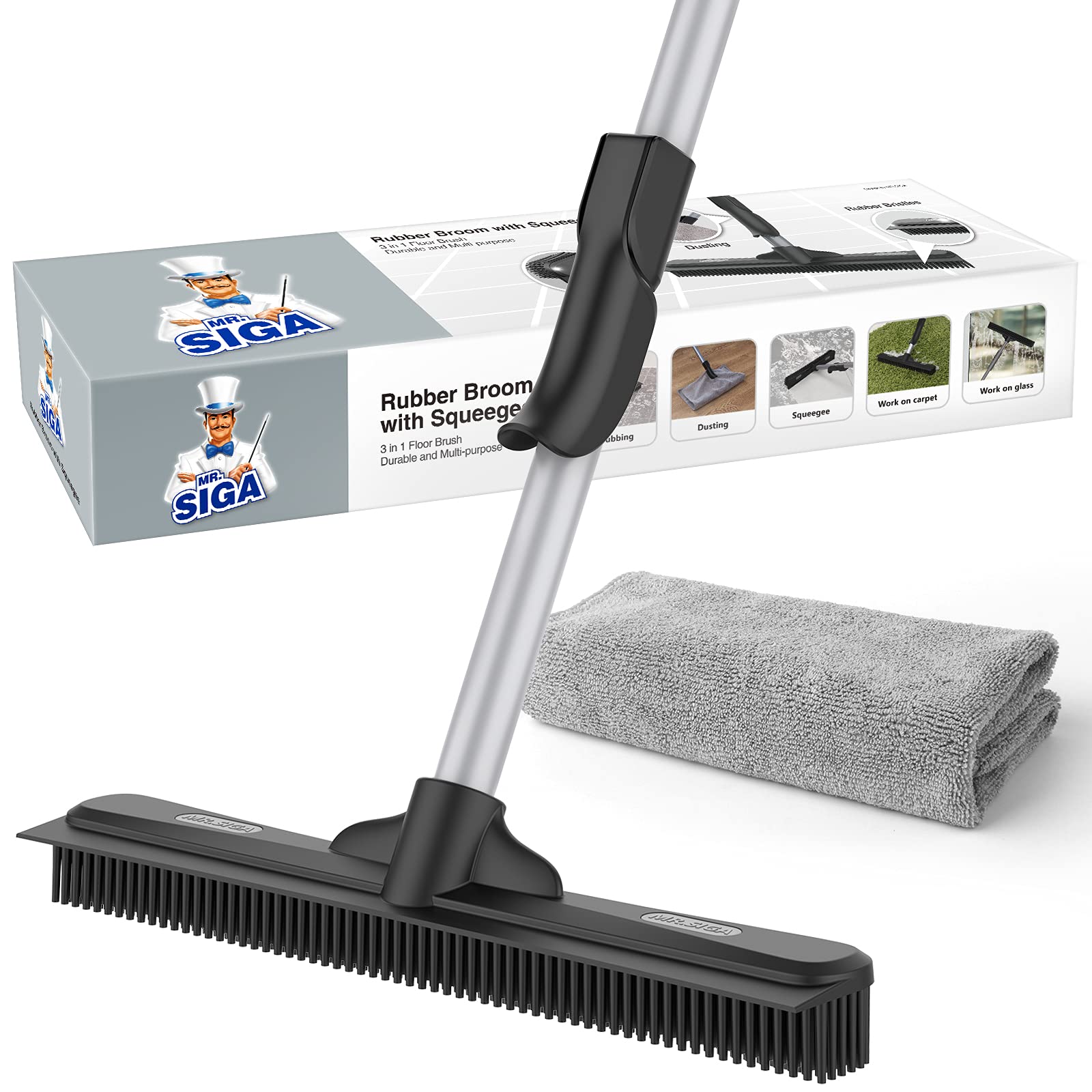 Pet Hair Removal Rubber Broom with Squeegee & Microfiber Cloth