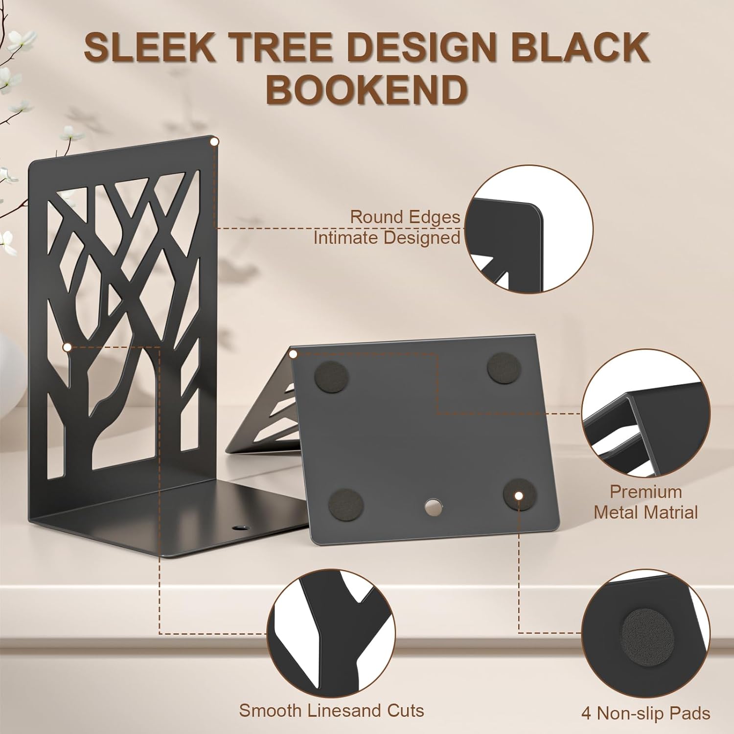 Black Metal Tree Bookends – 4 Pcs Decorative Non-Slip Organizer
