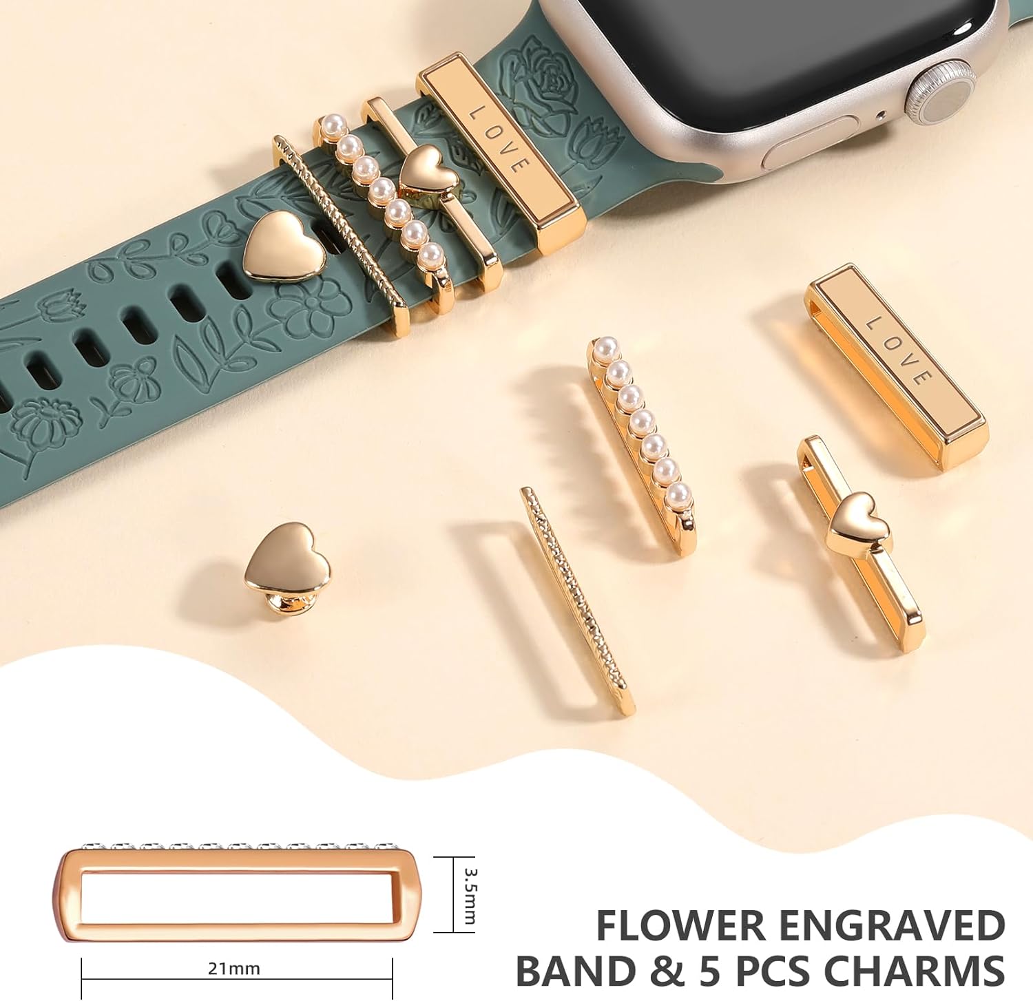 Flower Engraved Silicone Band with Decorative Charms – Compatible