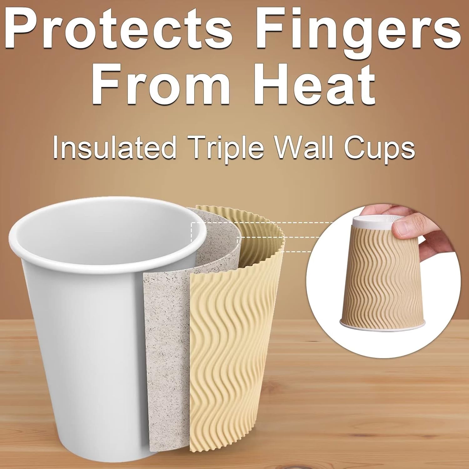 Disposable Hot Paper Cups – 100 Pack Insulated Corrugated Ripple Wall Cups