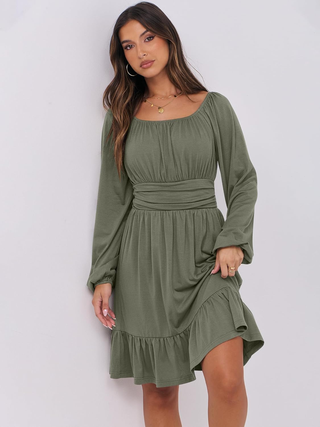 Women's Ruffle effortlessly chic  A-Line Dress – Long Lantern Sleeves, Square Neck