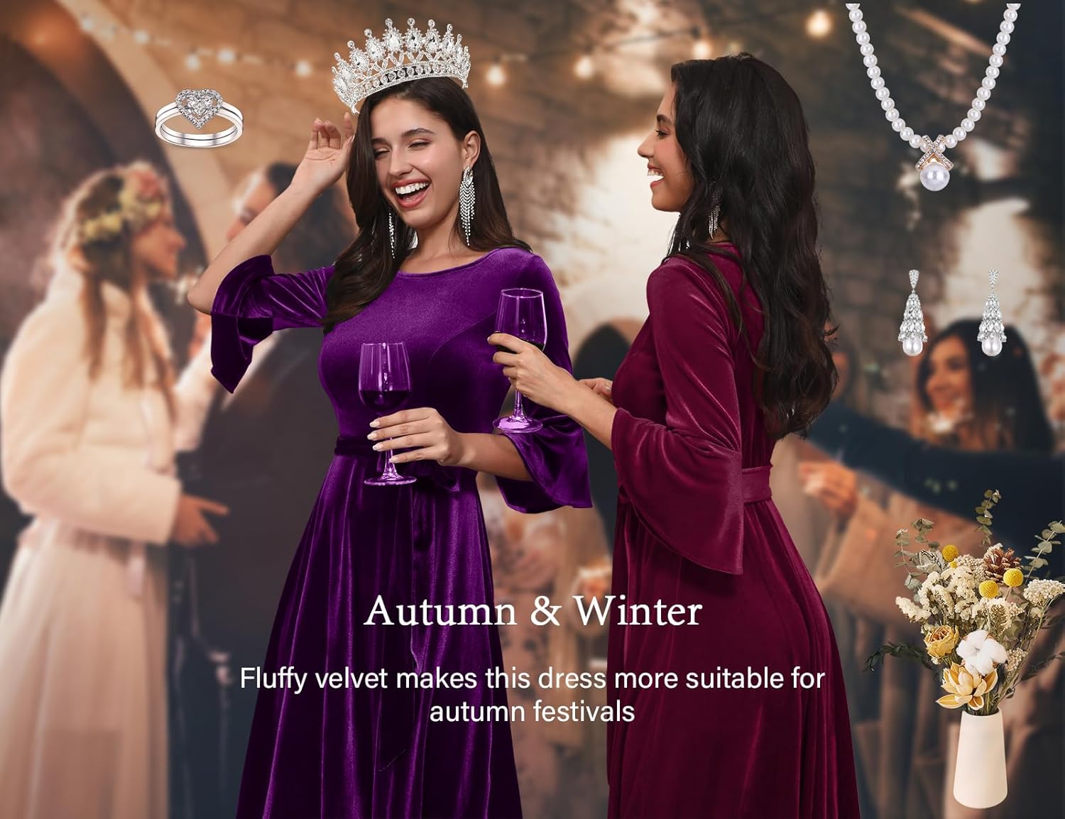 Women’s Velvet Long Sleeve Dress – Elegant Cocktail Party Dress