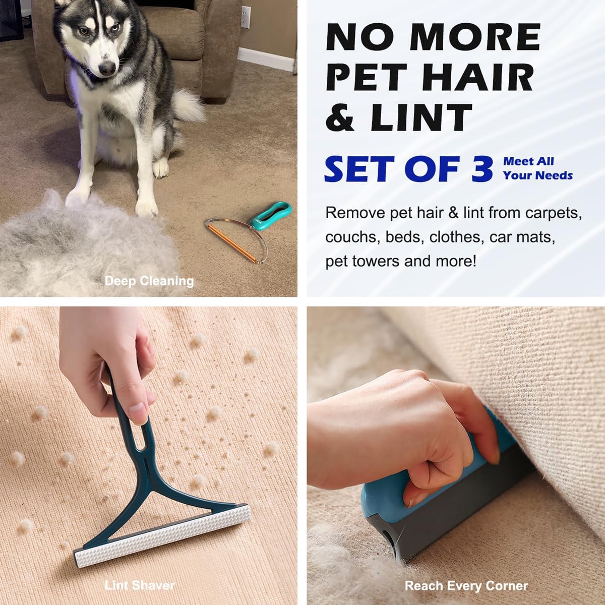Pet Hair Remover 3-Pack – Dog & Cat Hair Lint Shaver Cleaner