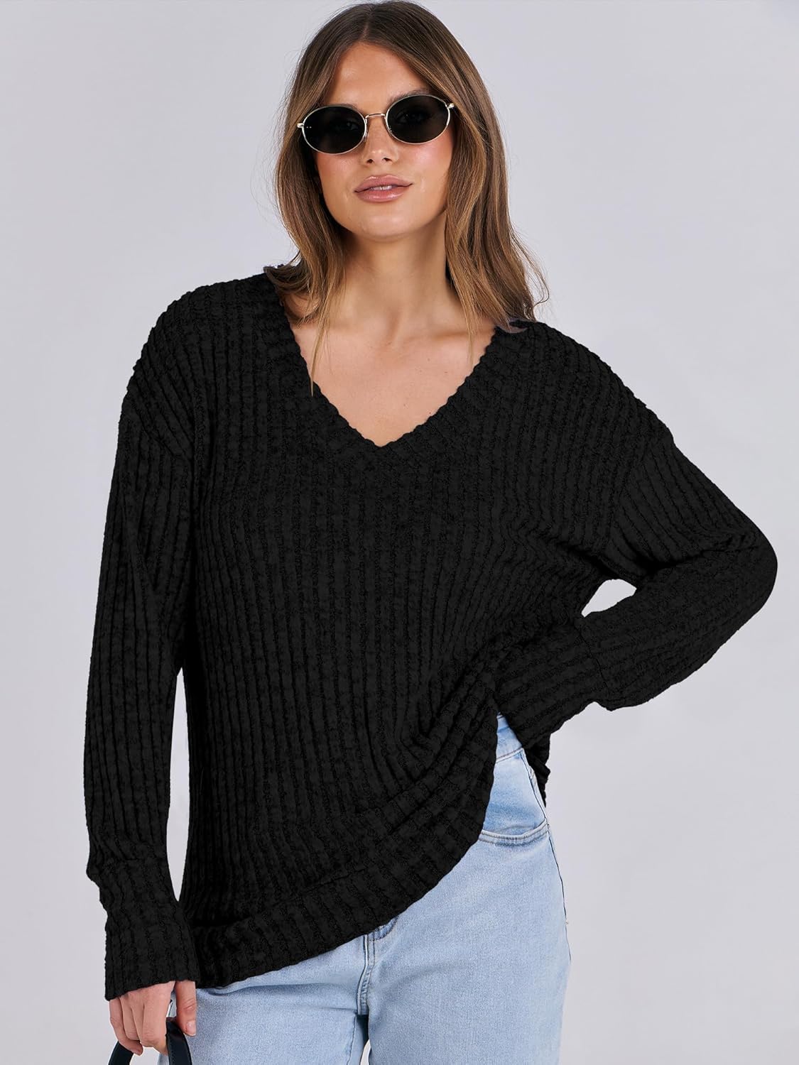 Women’s V Neck Long Sleeve Loose Fit Lightweight Fall Tops