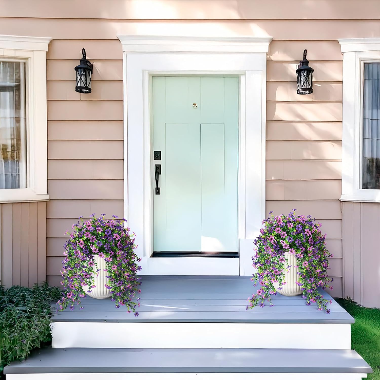 2PCS Artificial Hanging Flowers – Faux Daisies with Eucalyptus for Outdoor Decor