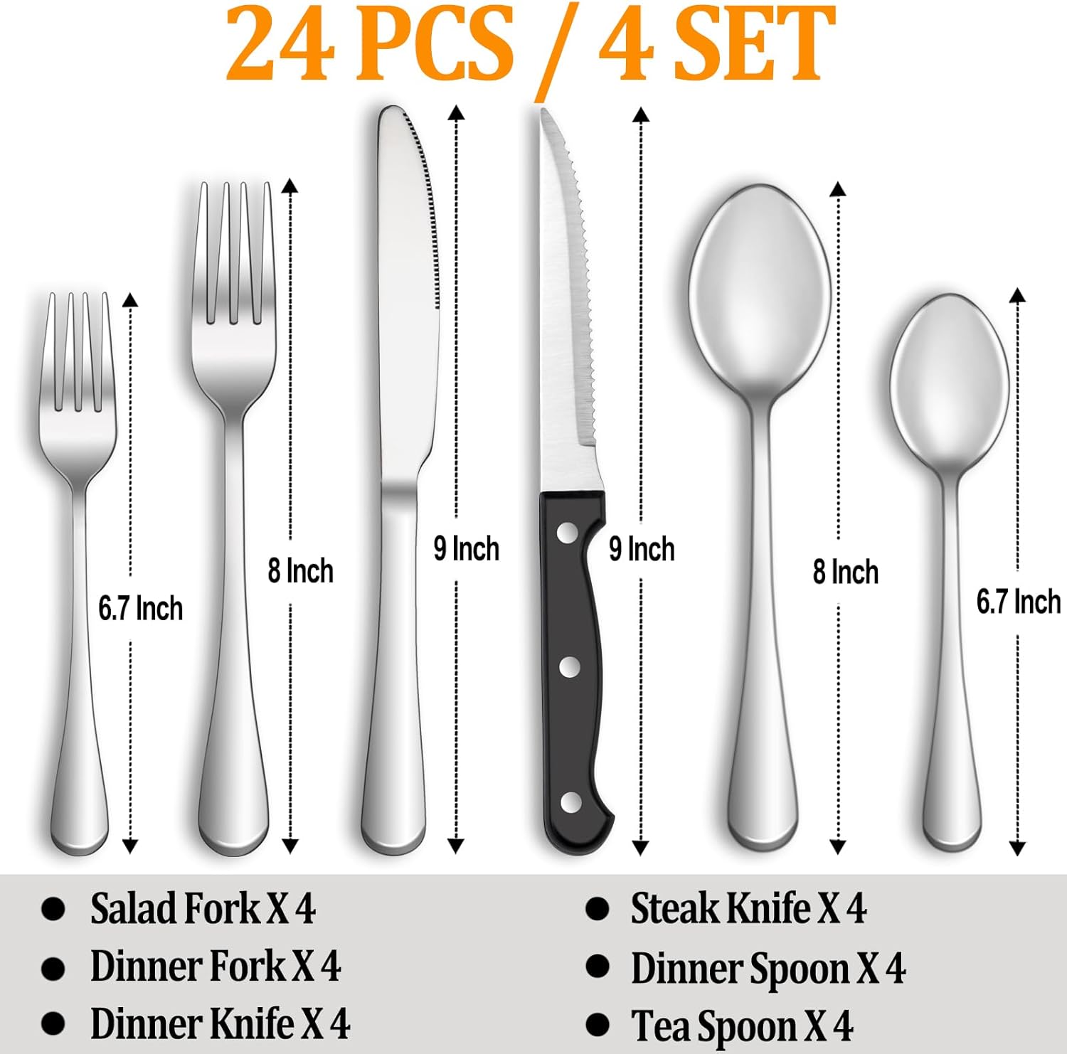 24-Piece Silverware Set with Steak Knives – Stainless Steel Flatware Set