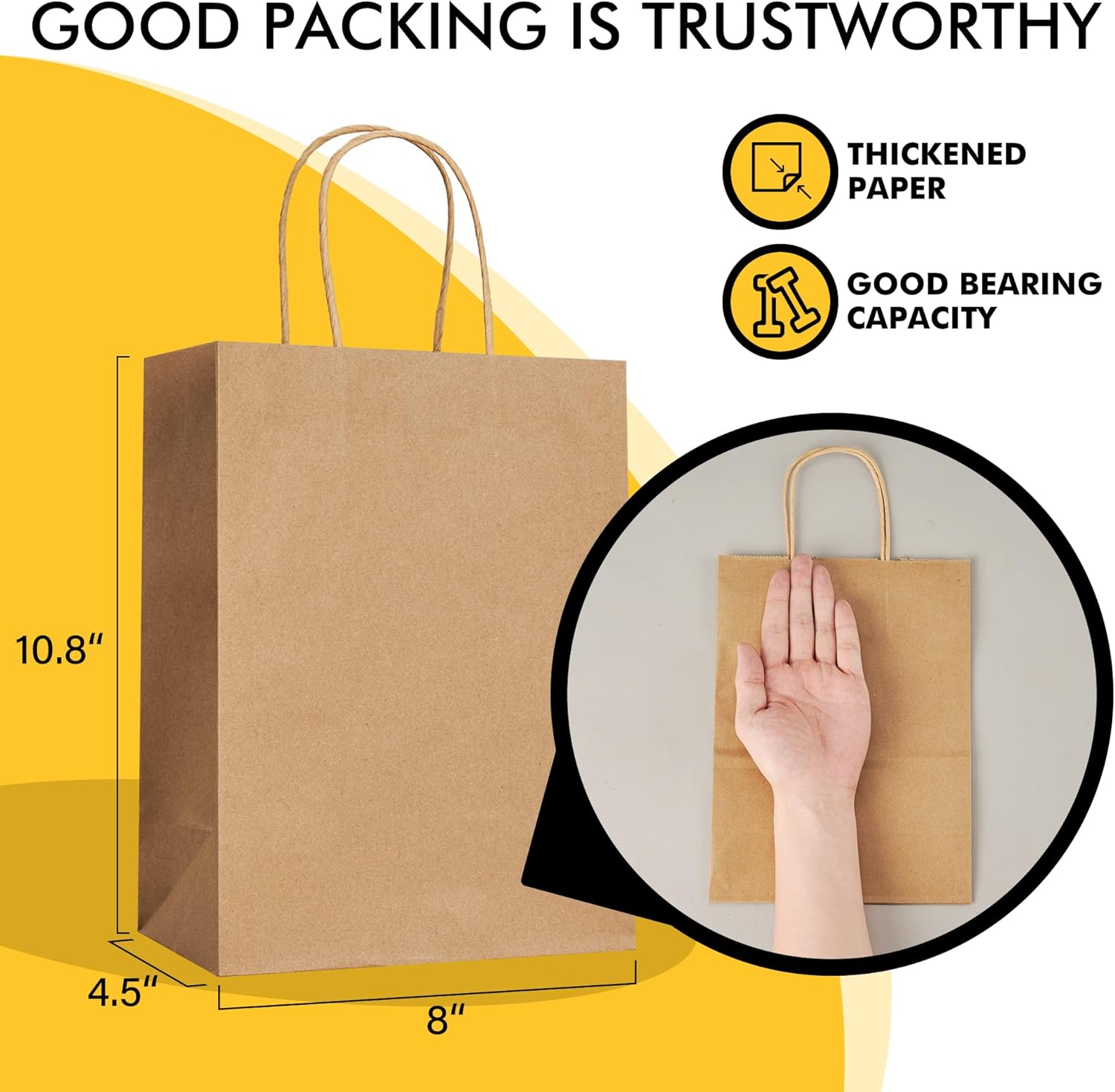 Brown Paper Bags with Handles – Bulk 100 Pcs (8x4.5x10.8 Inch)