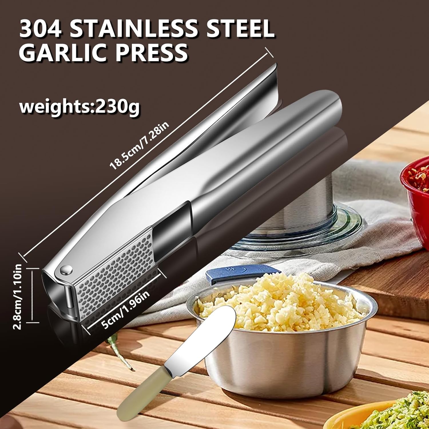 Heavy Duty Stainless Steel Garlic Press with Peeler & Scraper