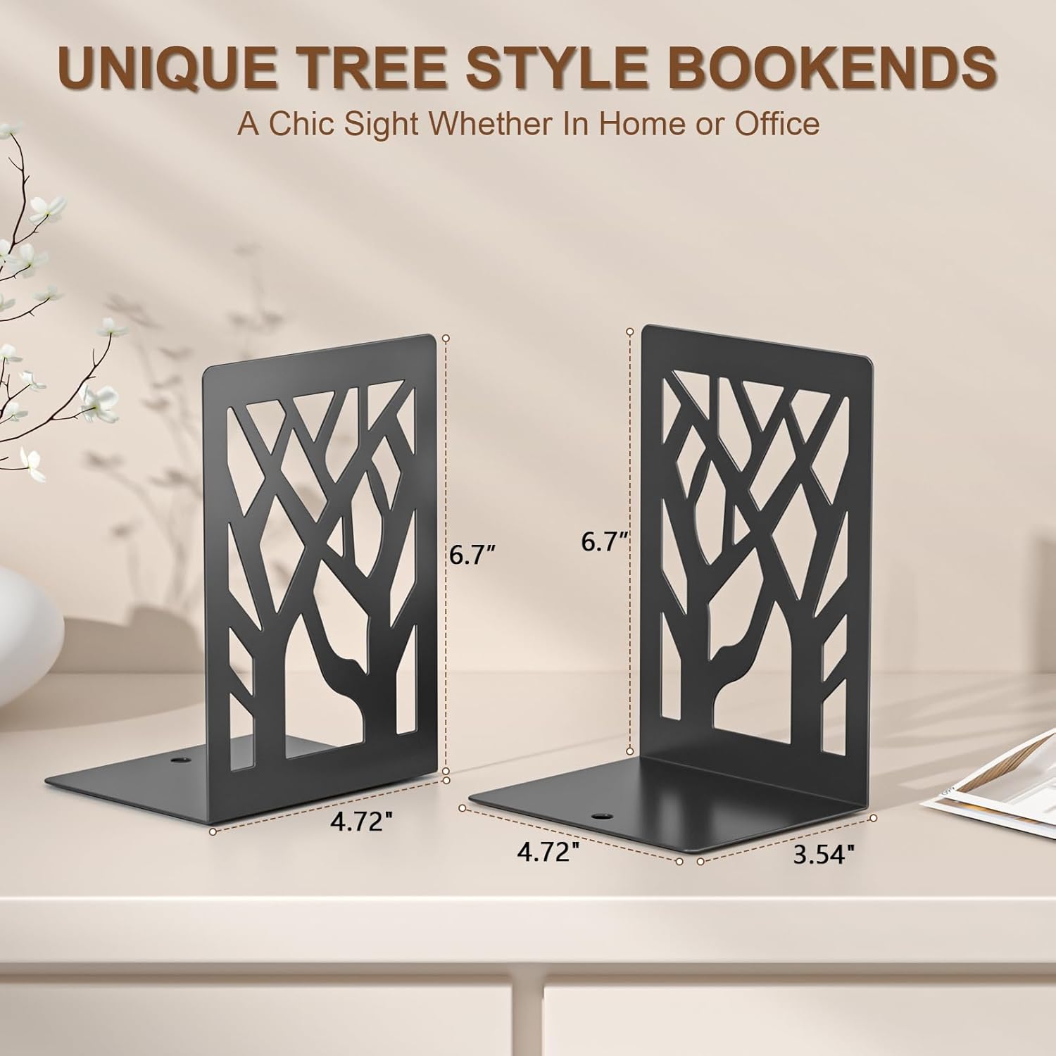 Black Metal Tree Bookends – 4 Pcs Decorative Non-Slip Organizer