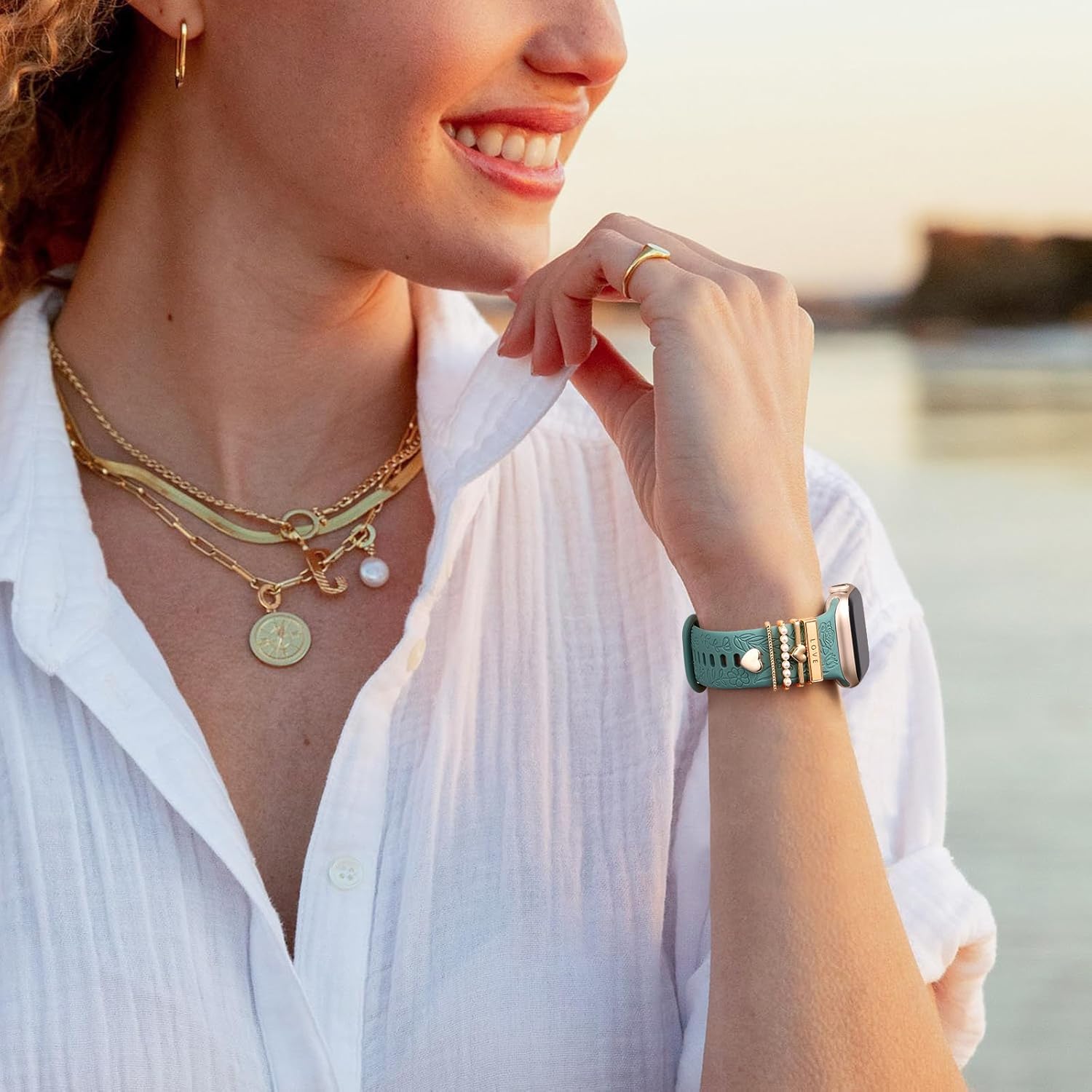 Flower Engraved Silicone Band with Decorative Charms – Compatible