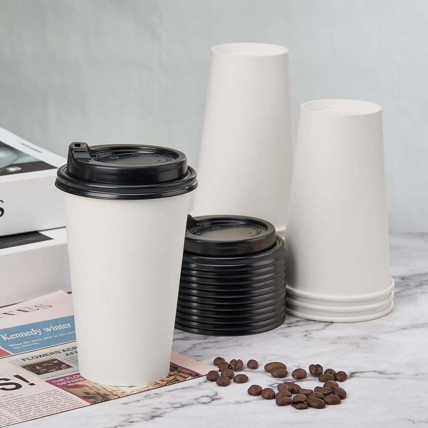 16 oz 100 Pack Disposable Paper Coffee Cups with Lids – Hot Cups for Home & Office – Leak-Proof, Durable Paper Cups for Beverages