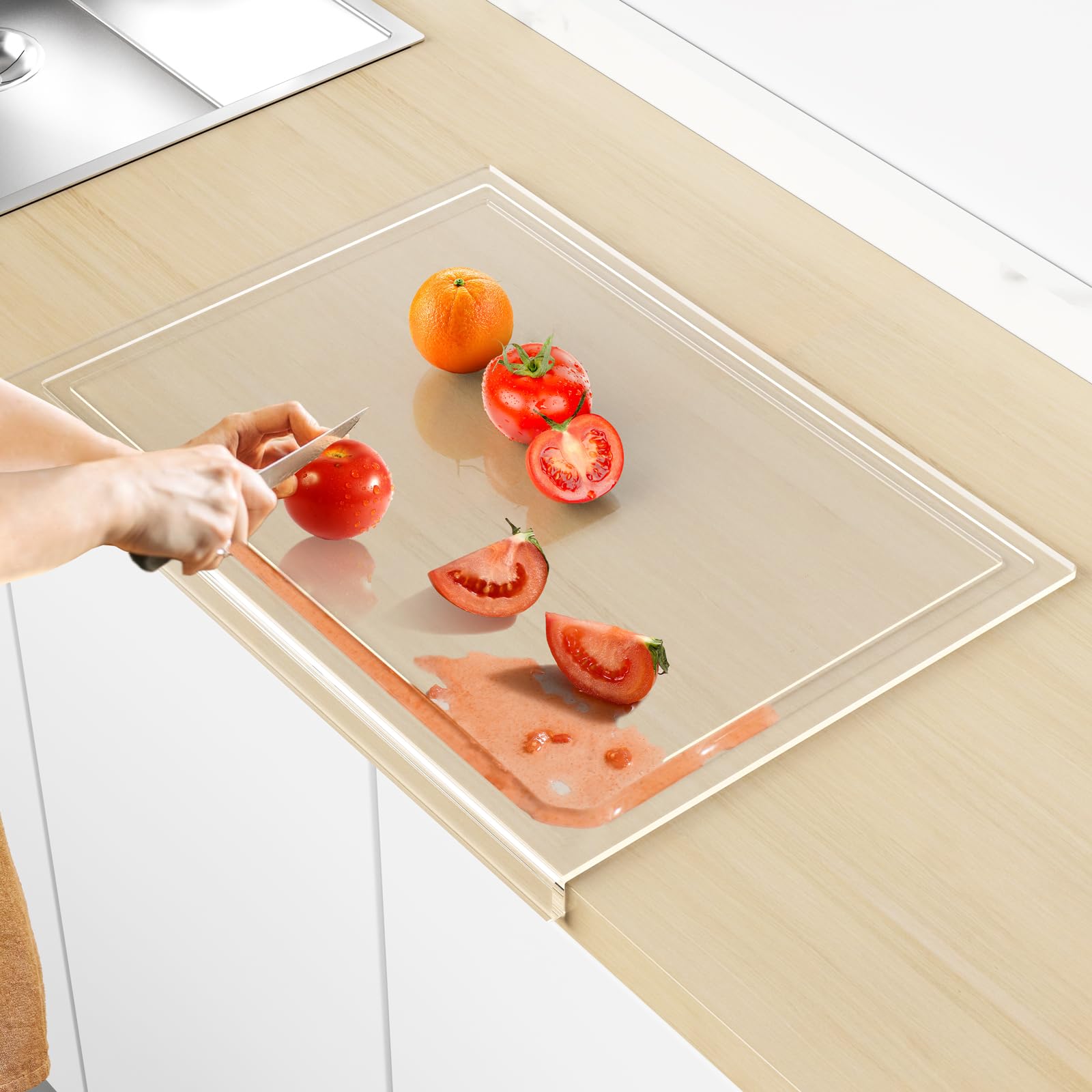Clear Acrylic Cutting Board with Juice Groove & Non-Slip Base