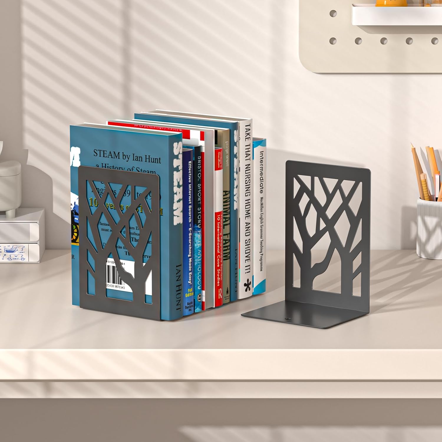 Black Metal Tree Bookends – 4 Pcs Decorative Non-Slip Organizer
