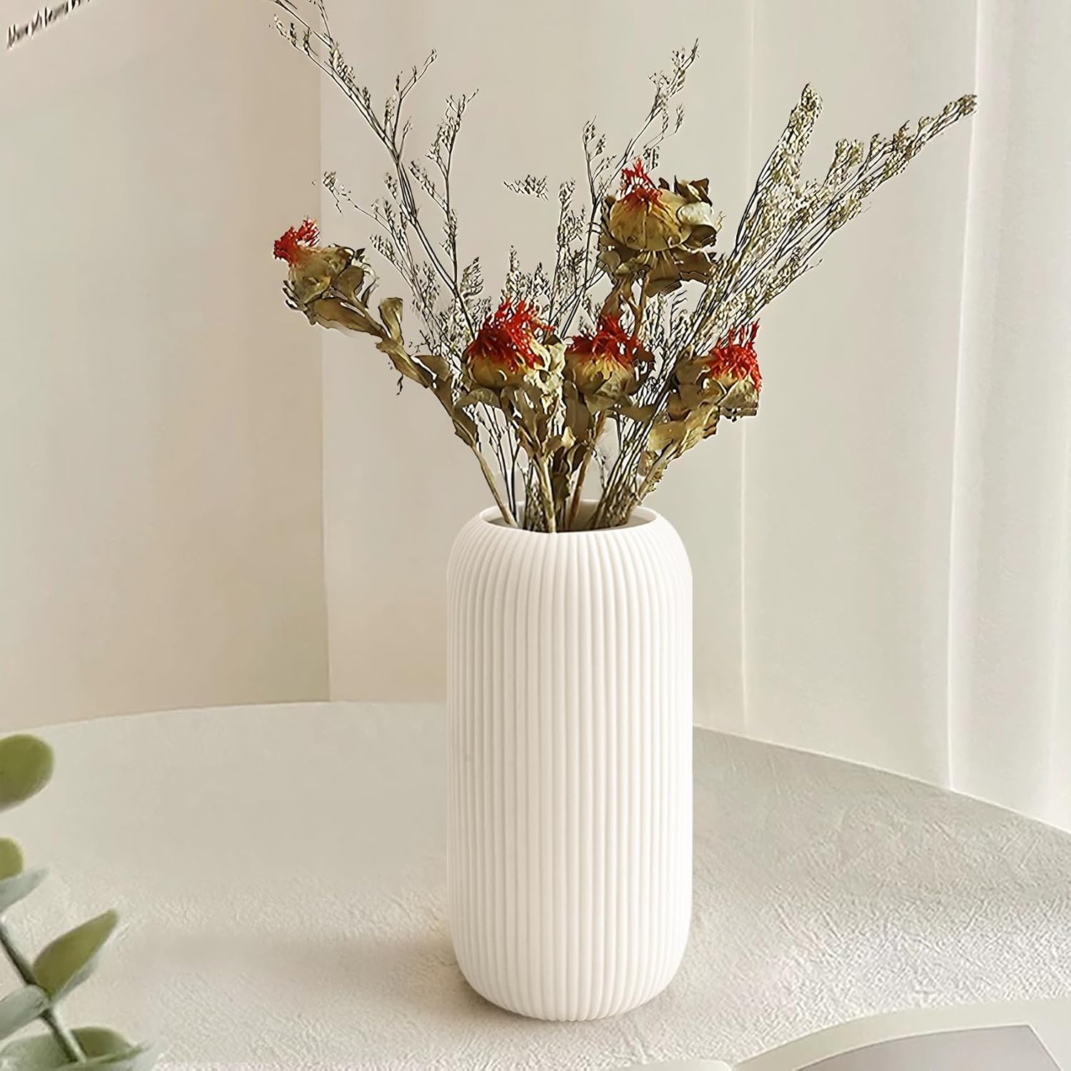 8-Inch White Ceramic Flower Vase – Modern Ribbed Textured Decorative