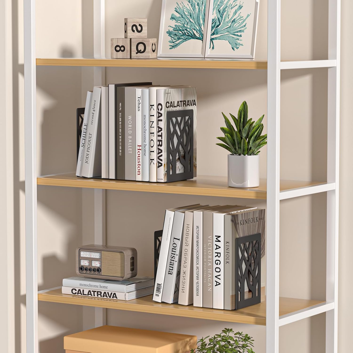 Black Metal Tree Bookends – 4 Pcs Decorative Non-Slip Organizer