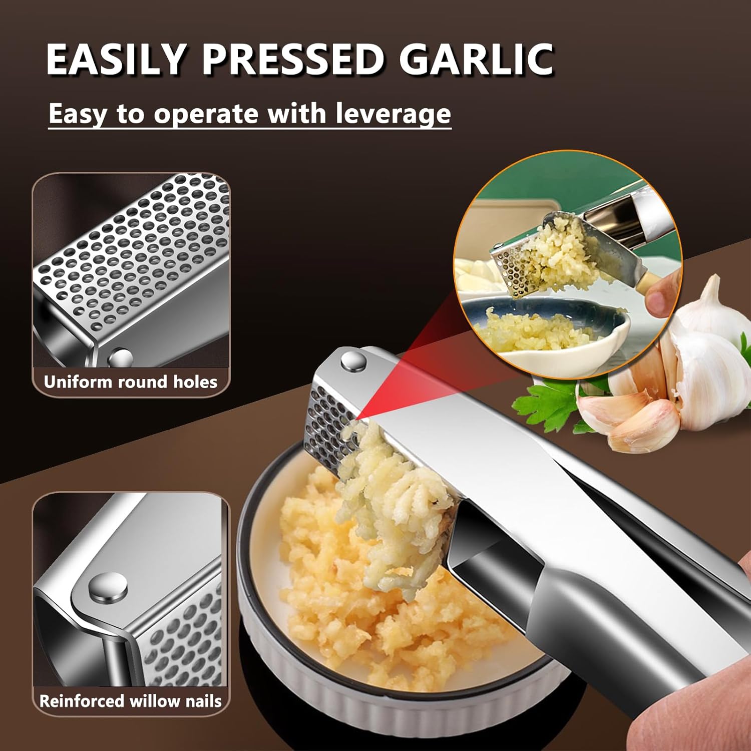 Heavy Duty Stainless Steel Garlic Press with Peeler & Scraper