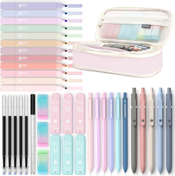 39-Piece School Supplies Set with Pink Pencil Case – Highlighters, Gel Pens