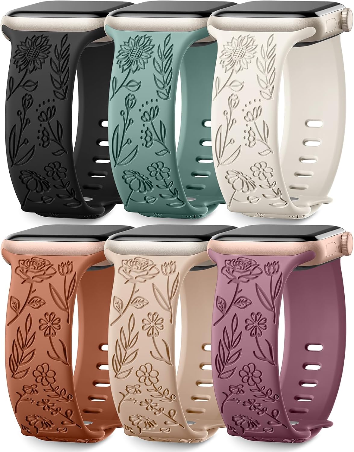 6-Pack Floral Engraved Silicone Bands for Apple Watch – Soft Sport Straps for Series