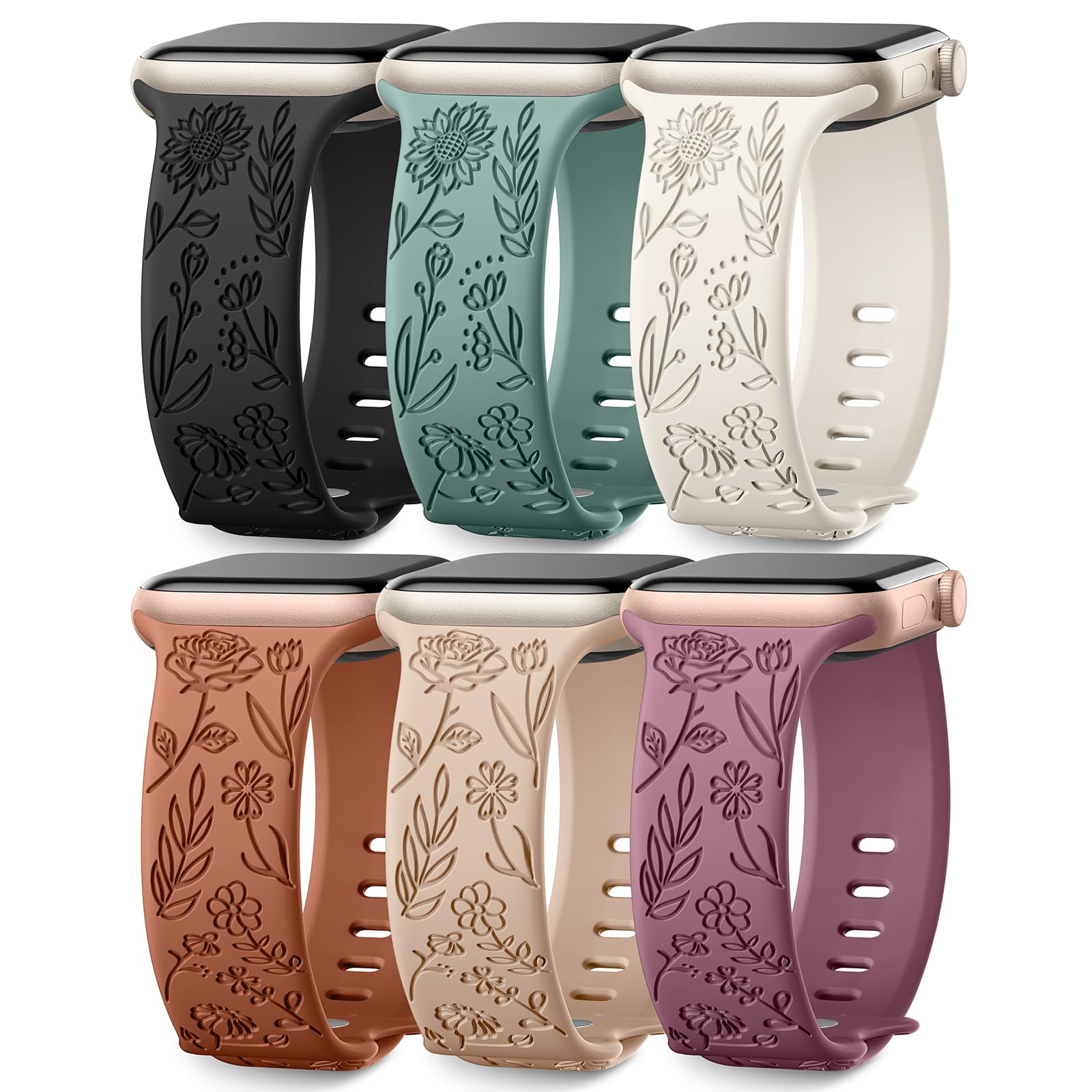 6-Pack Floral Engraved Silicone Bands for Apple Watch – Soft Sport Straps for Series