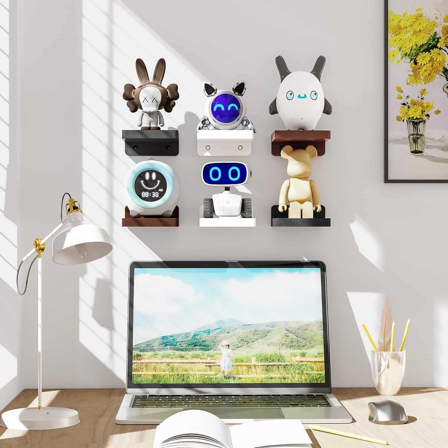 Set of 4 Small Floating Wood Shelves – 4" Wall Mounted Mini Display